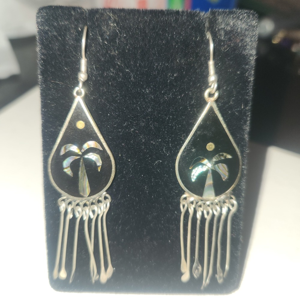 Vintage Alpaca Mexico Abalone Inlay Palm Tree Tassel Drop Earrings Black Silver